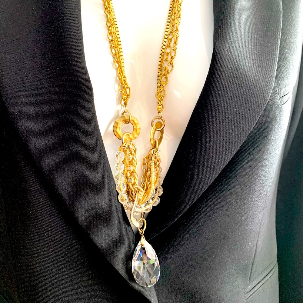 Large size Swarovski cyrstal stone pendant on multi strand gold chain necklace